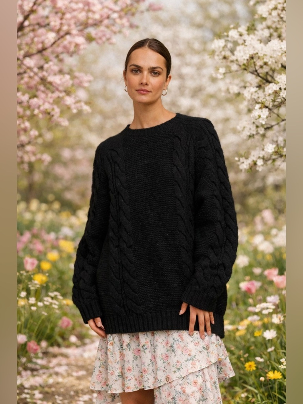 Brunette the Label NWT Adele Cable Knit Sweater Black Oversized Small Med